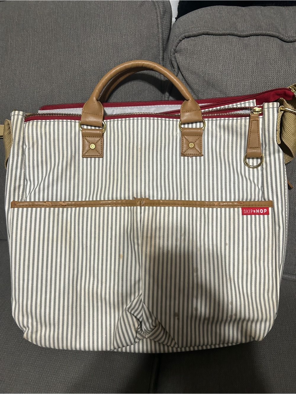 Skip Hop Cream & Tan Striped Messenger Bag with Red Trim